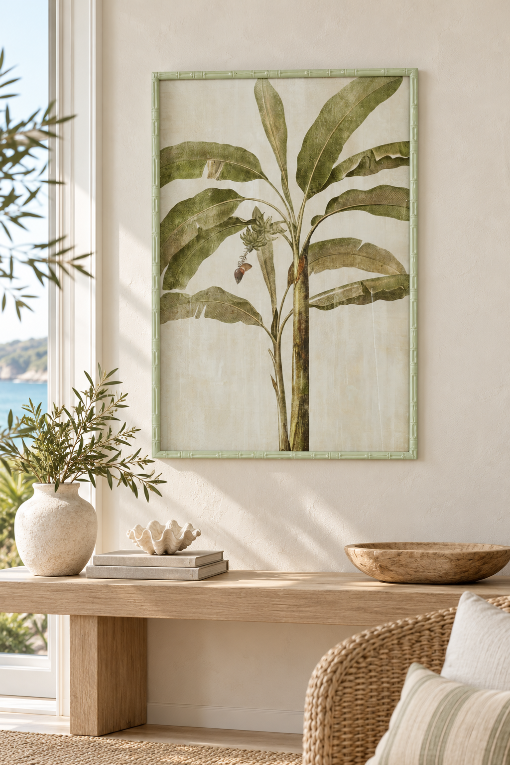 Banana Palm Botanical Panel styled in a refined sunlit coastal home
