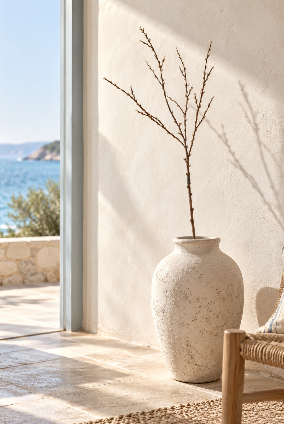 Natural bud branch styled in a pale coastal interior