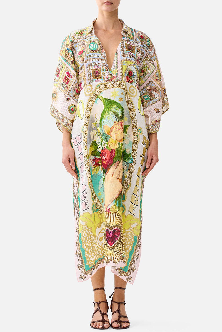 CAMILLA Deep V Neck Kaftan with Curved Seam - Painted Prayers - view 1