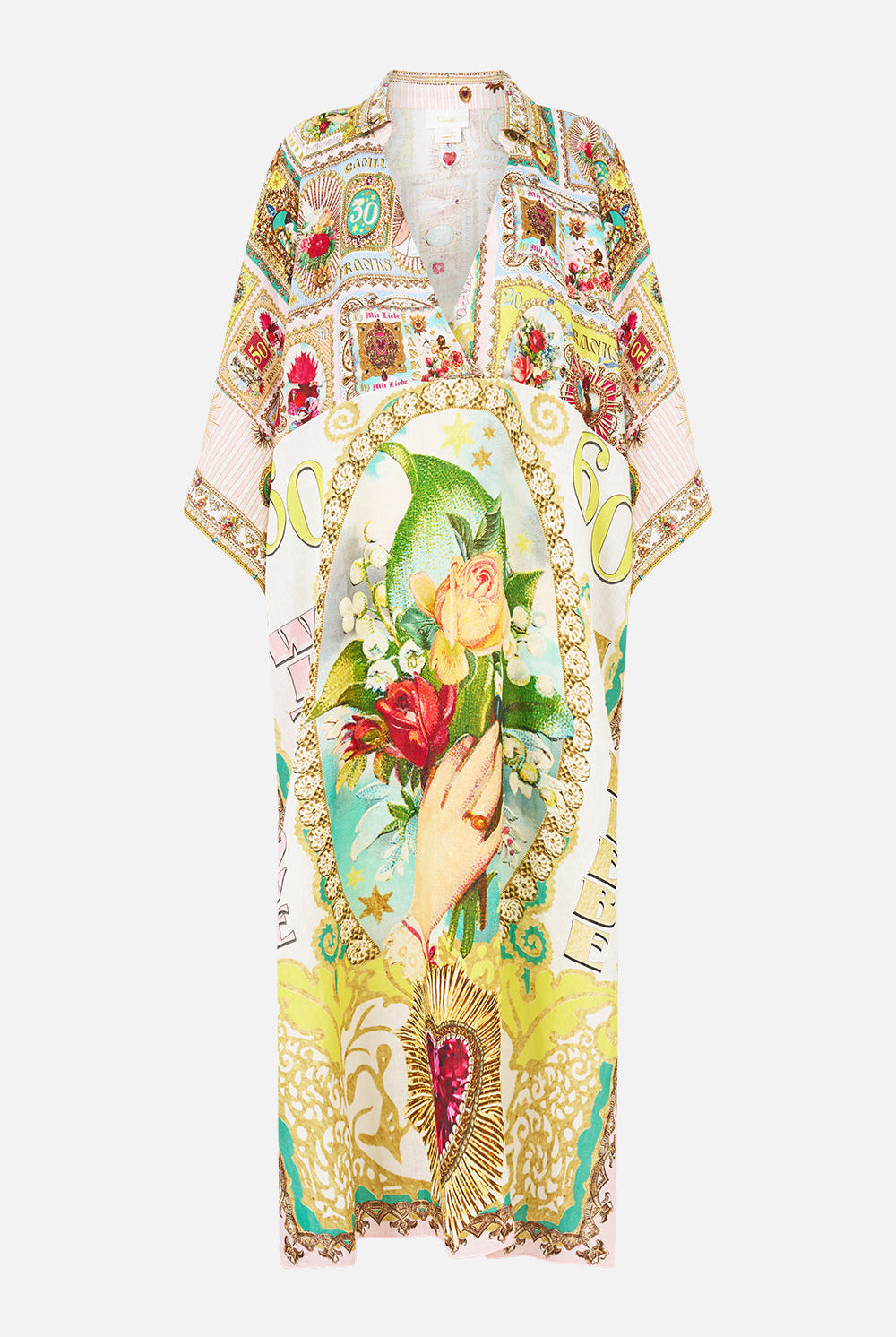 CAMILLA Deep V Neck Kaftan with Curved Seam - Painted Prayers - view 3
