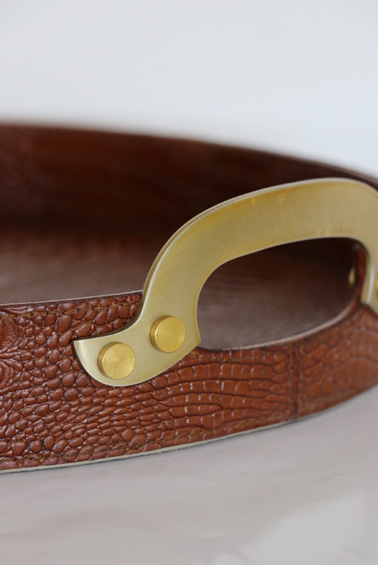Croc Leather Round Tray with Brass Handles, alternate view