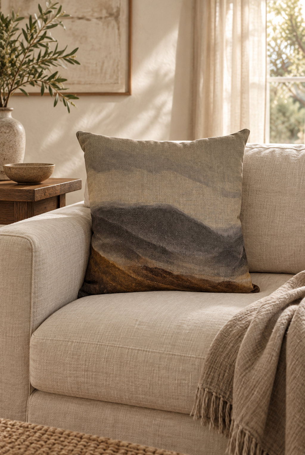 Central Otago Linen Cushion styled in living room