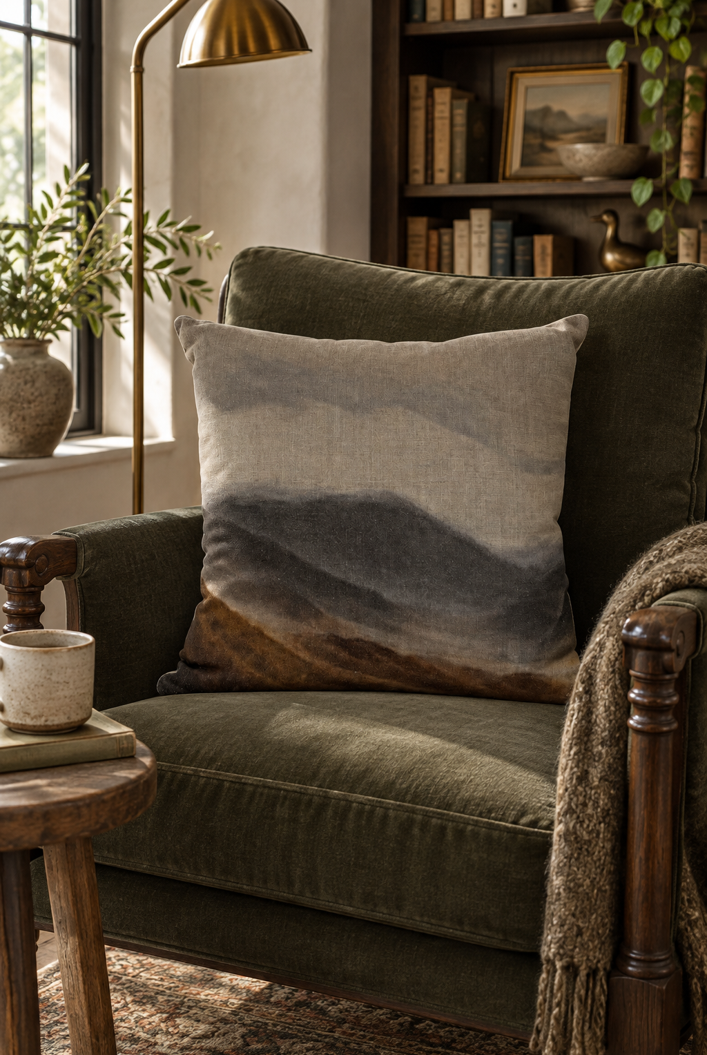 Central Otago Linen Cushion styled in library chair
