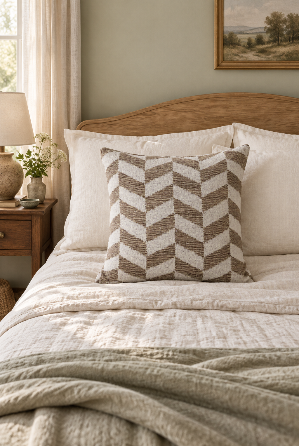 Chevron Weave Cushion in natural and white, styled on a linen bed with an oak headboard