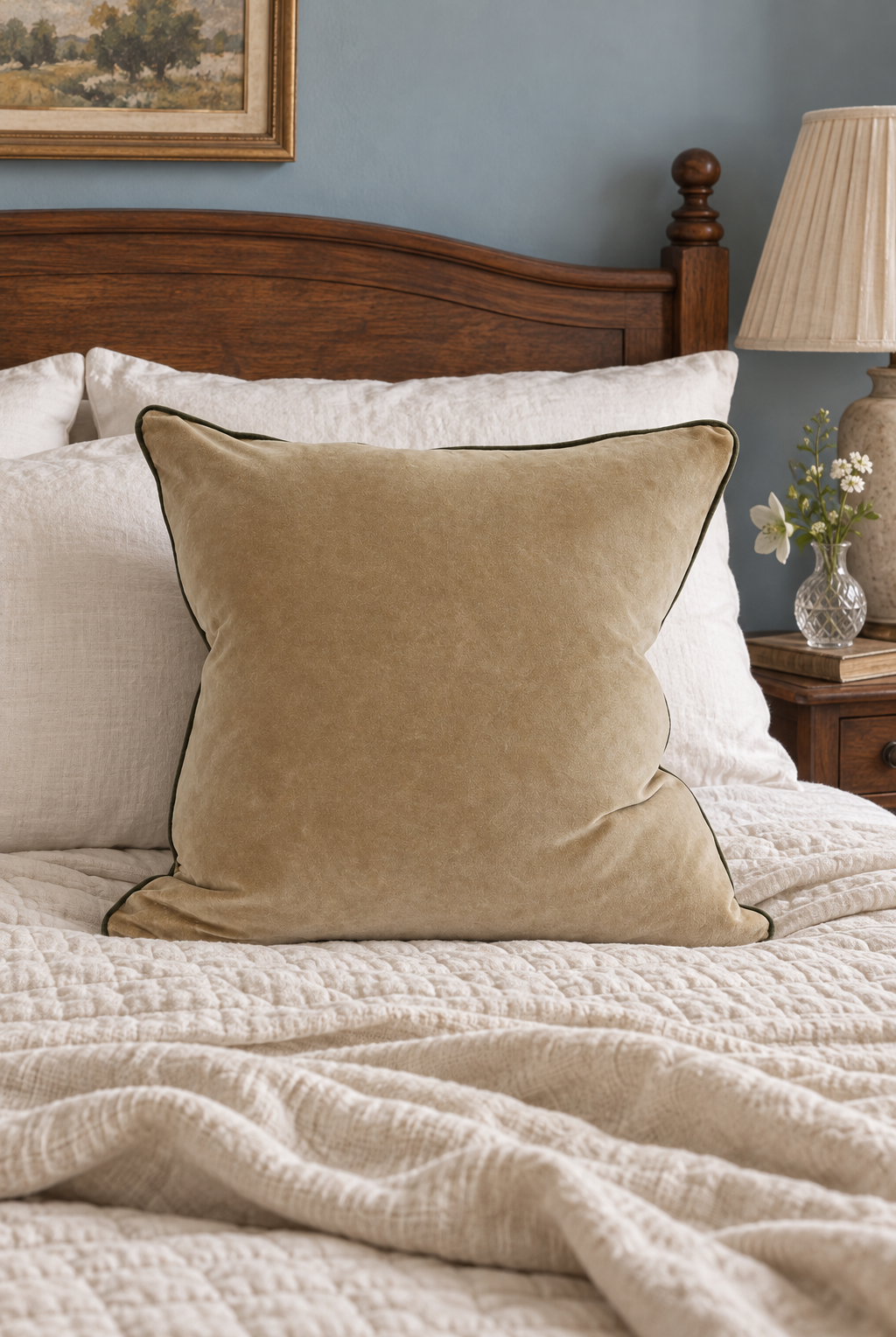 Clyde Gold Velvet Cushion styled in bedroom
