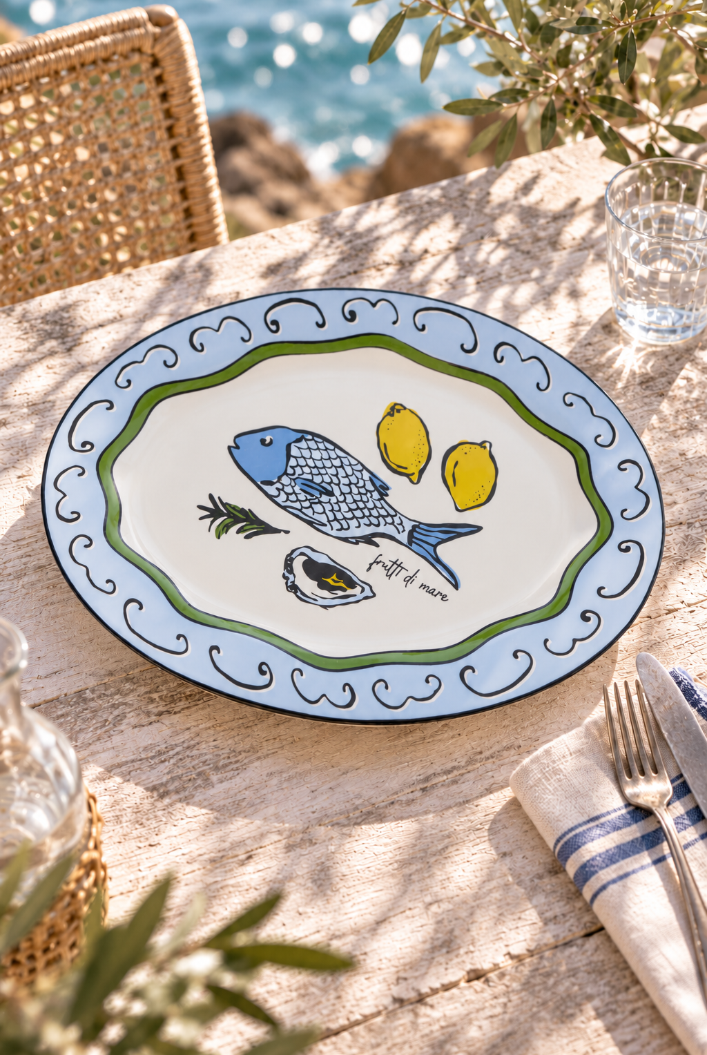 Frutti di Mare oval serving platter styled on a sunlit coastal table