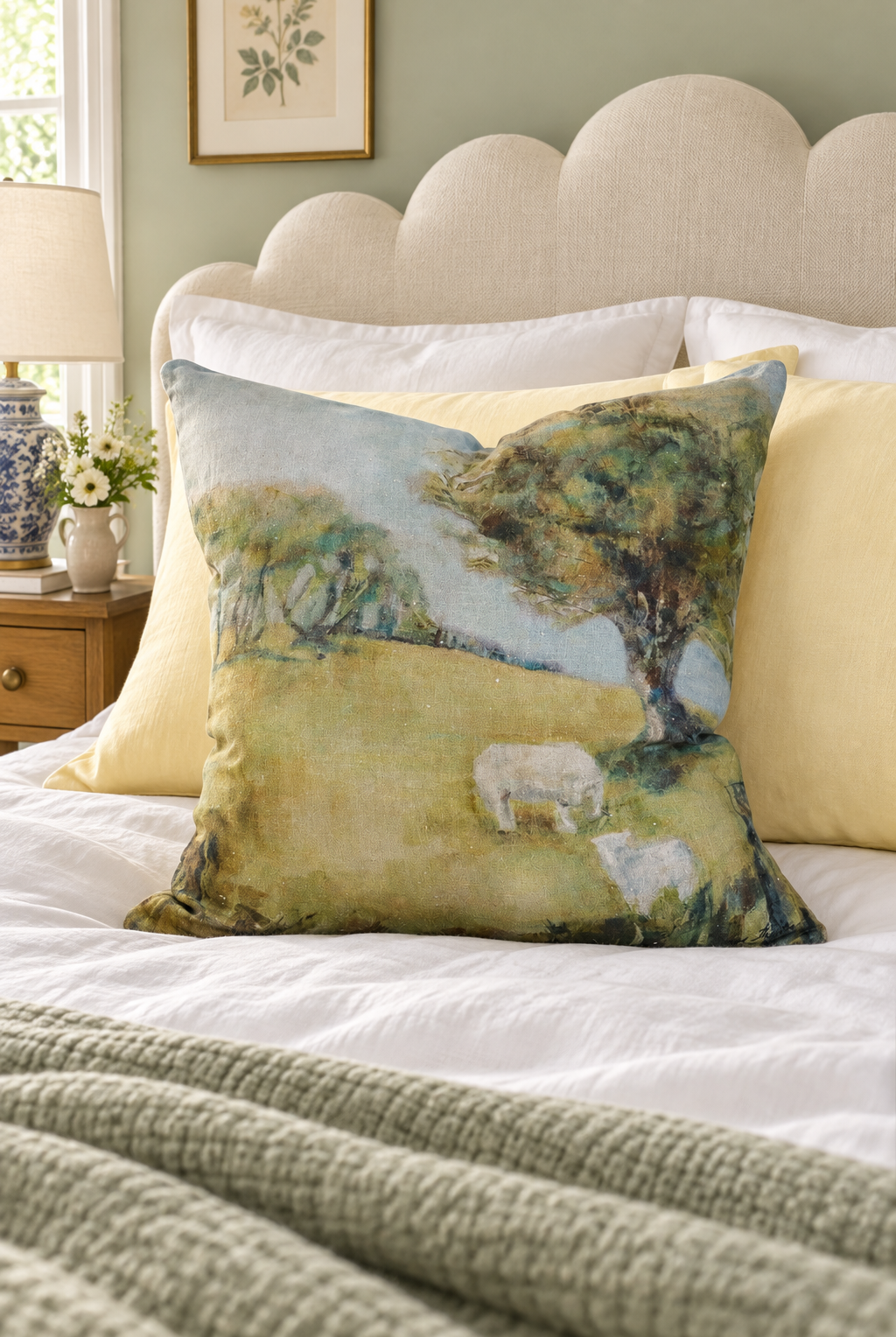 Cornwall Park Linen Cushion styled in bedroom