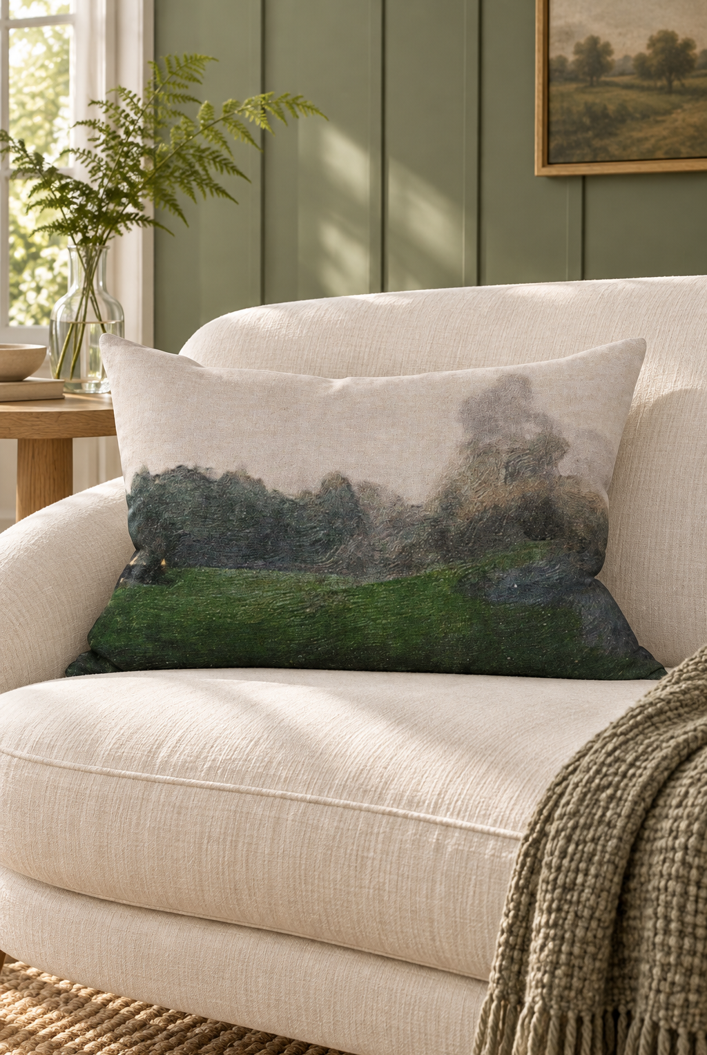Dusk at Huka Linen Lumbar Cushion styled in sofa