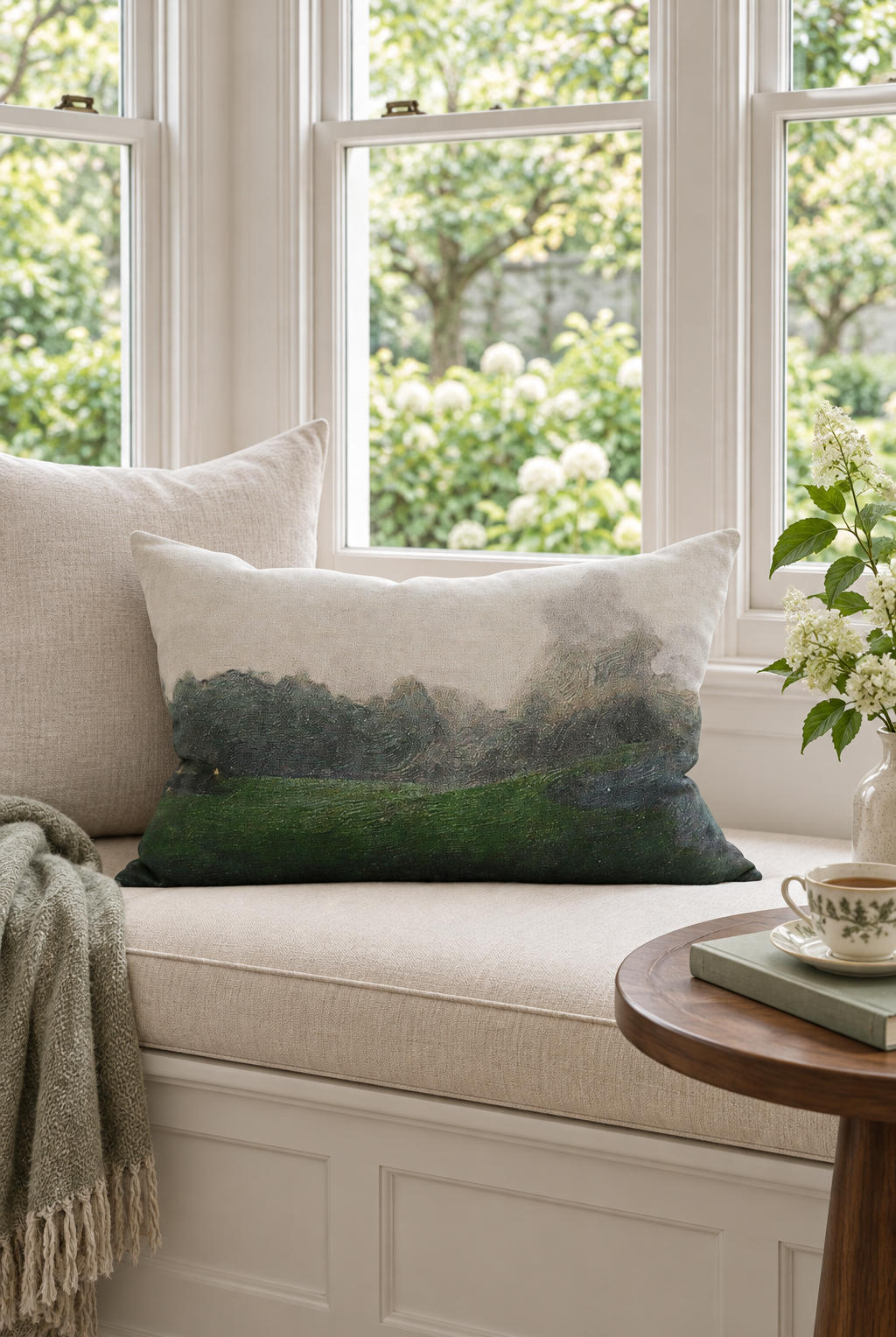 Dusk at Huka Linen Lumbar Cushion styled in window seat