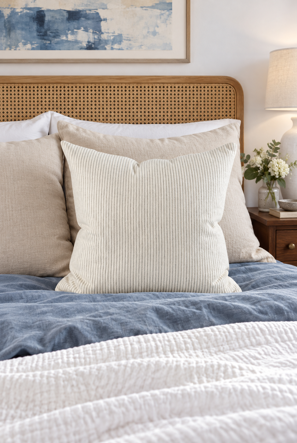EADIE Marina Cushion - Off White/Silver Grey Stripe styled in bedroom