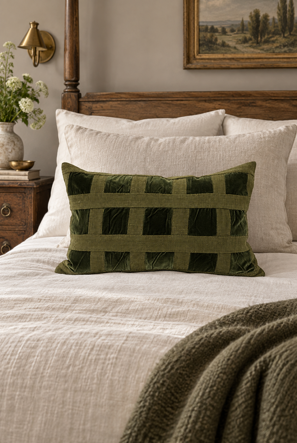 Emerald Velvet Checker Lumbar Cushion styled in bedroom