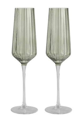 Green Ribbed Flute Glass - Set of Two - Magpie Style