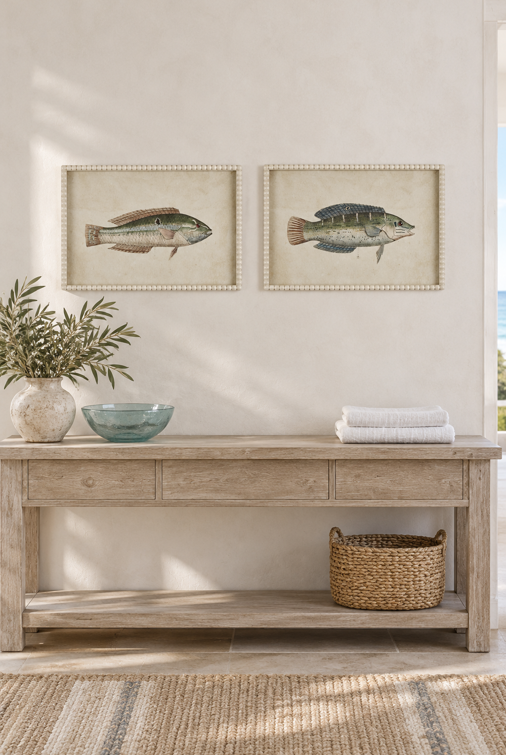 Green Wrasse and Bluefin fish studies styled side by side in a coastal interior