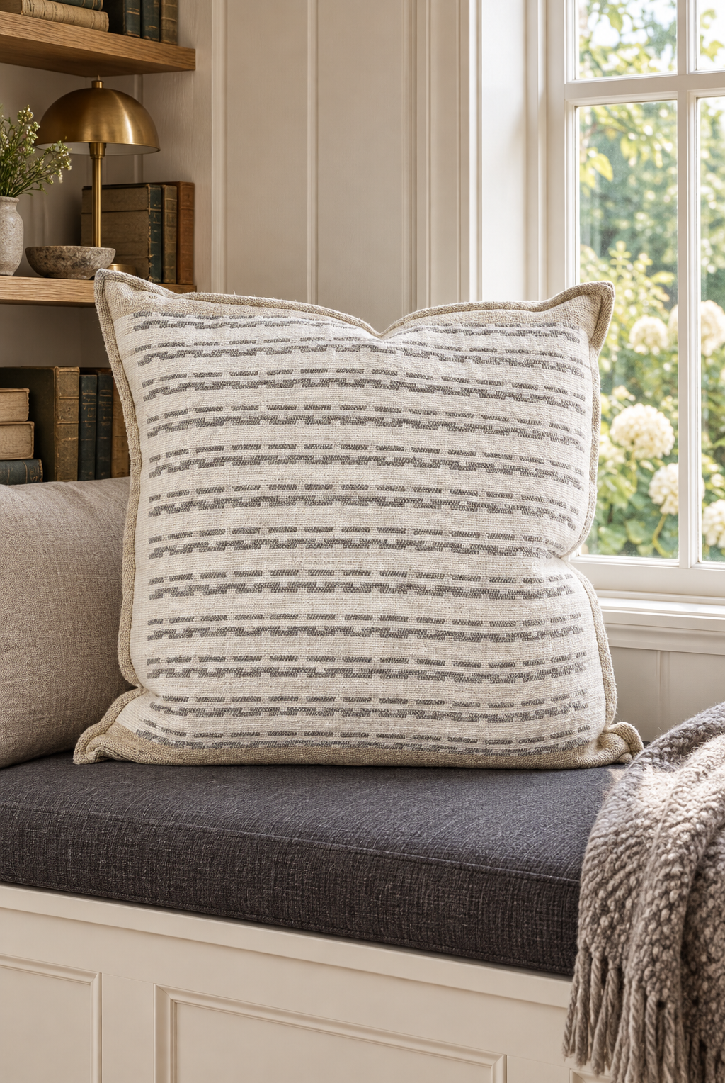 Large Hagen Cushion - Off White/Slate - 60cm styled in window nook