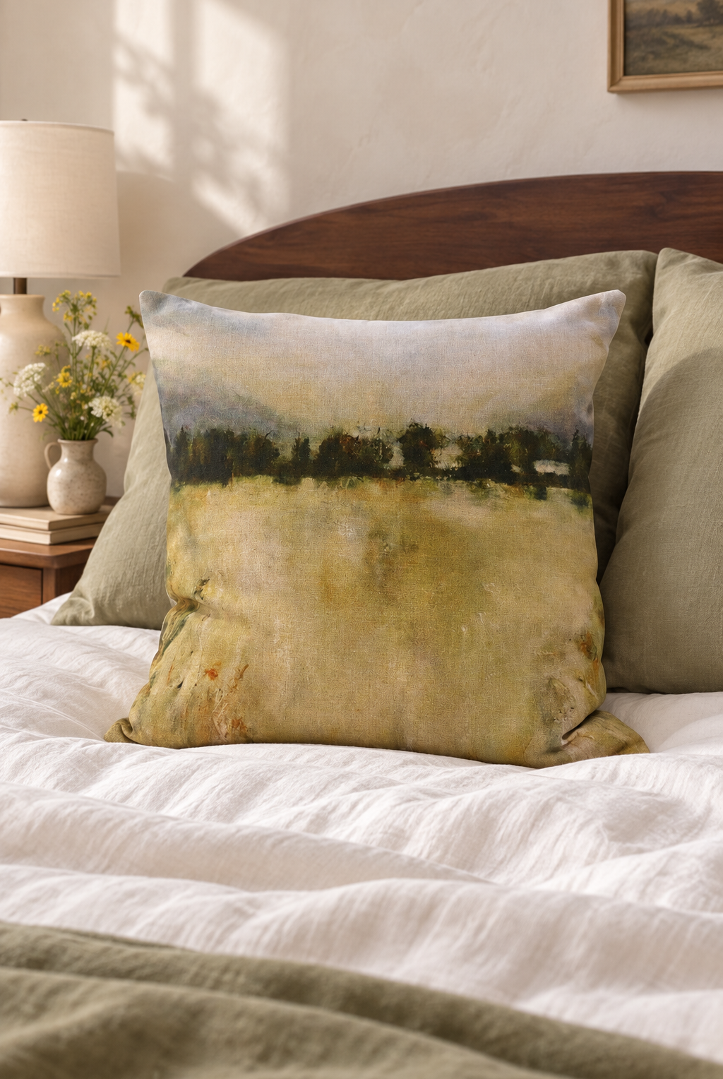 Harvest Linen Cushion styled in bedroom