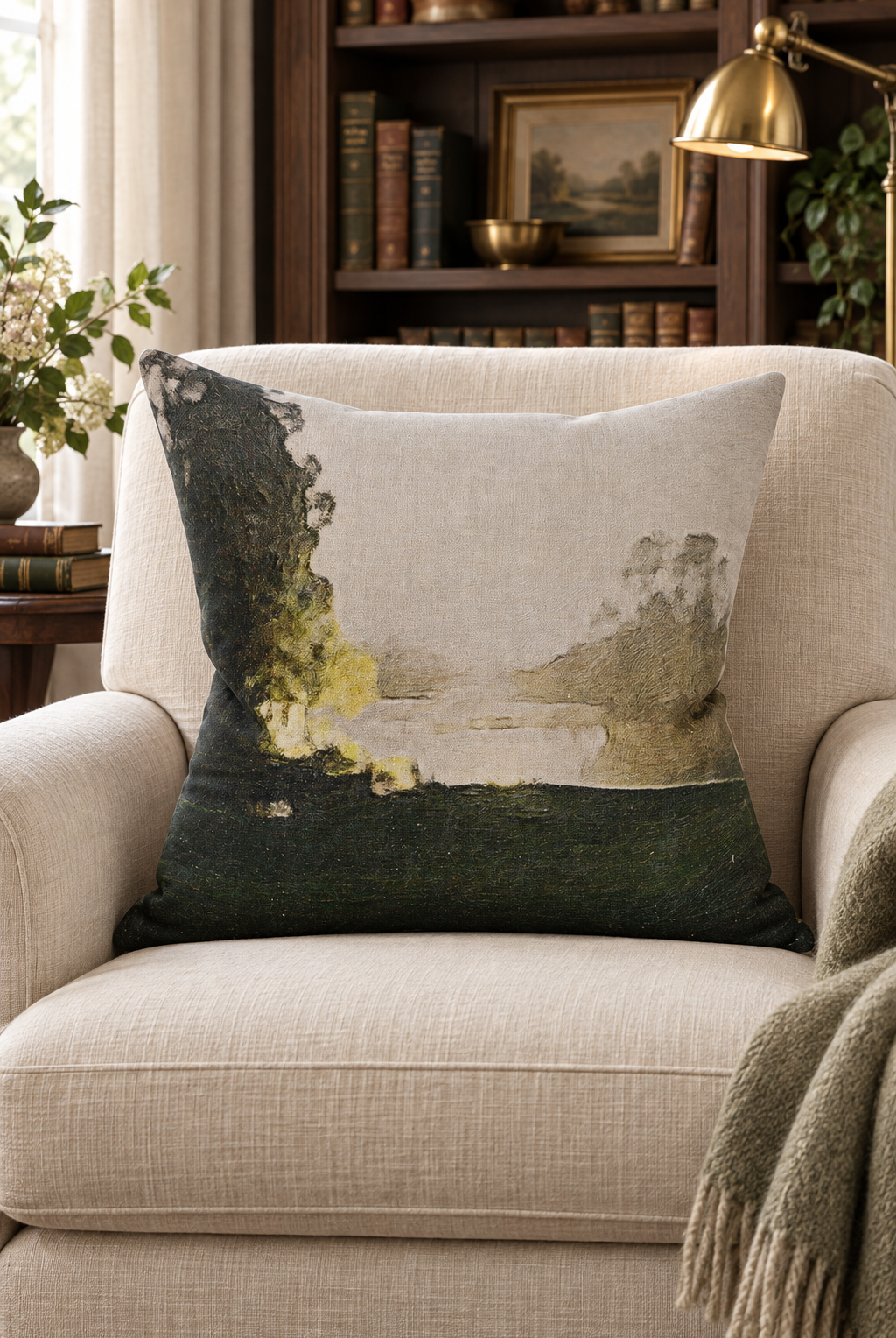 Huka Riverside Linen Cushion styled in library chair