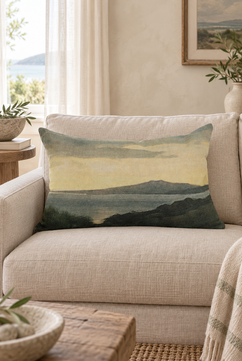 Island At Dusk Linen Lumbar Cushion styled in coastal sofa
