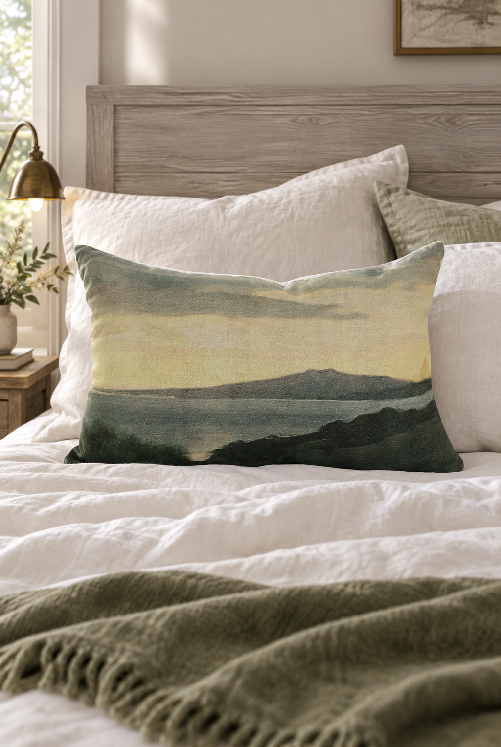 Island At Dusk Linen Lumbar Cushion styled in bedroom