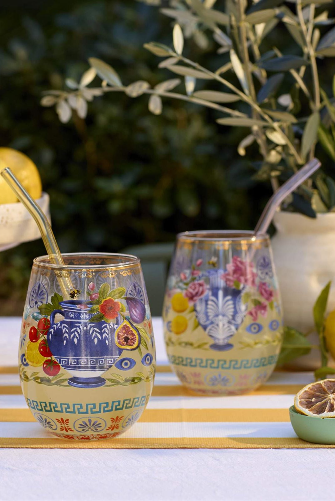 Mediterranean Summer tumblers styled with drinks