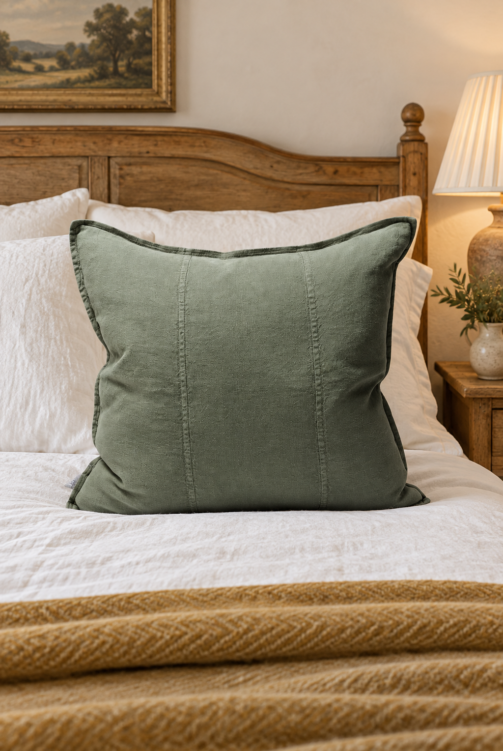 Large Lucatt Khaki Linen Cushion - 60cm styled in bedroom
