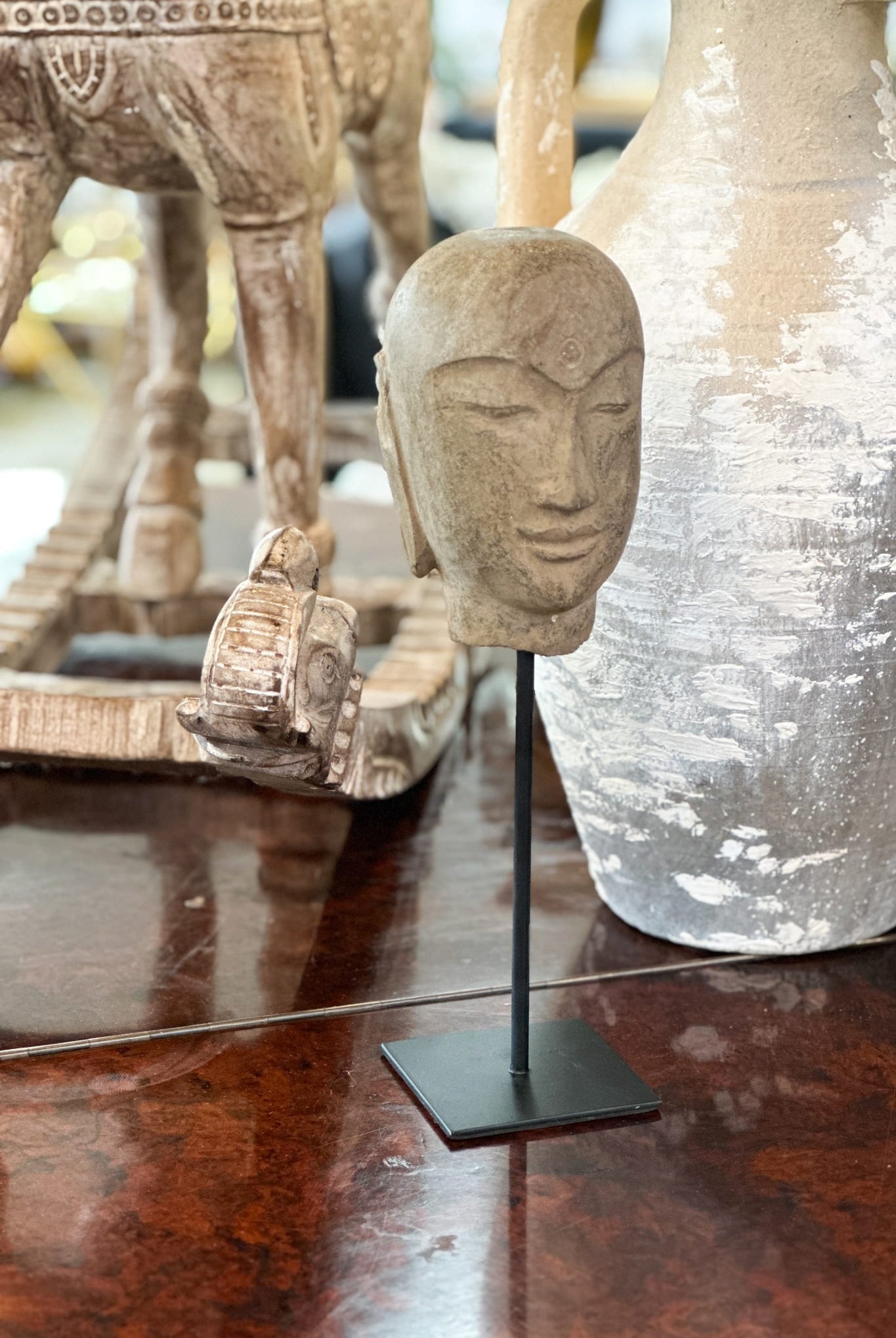 Hand Carved Stone Zen Buddha Head on Stand - Tall - Magpie Style