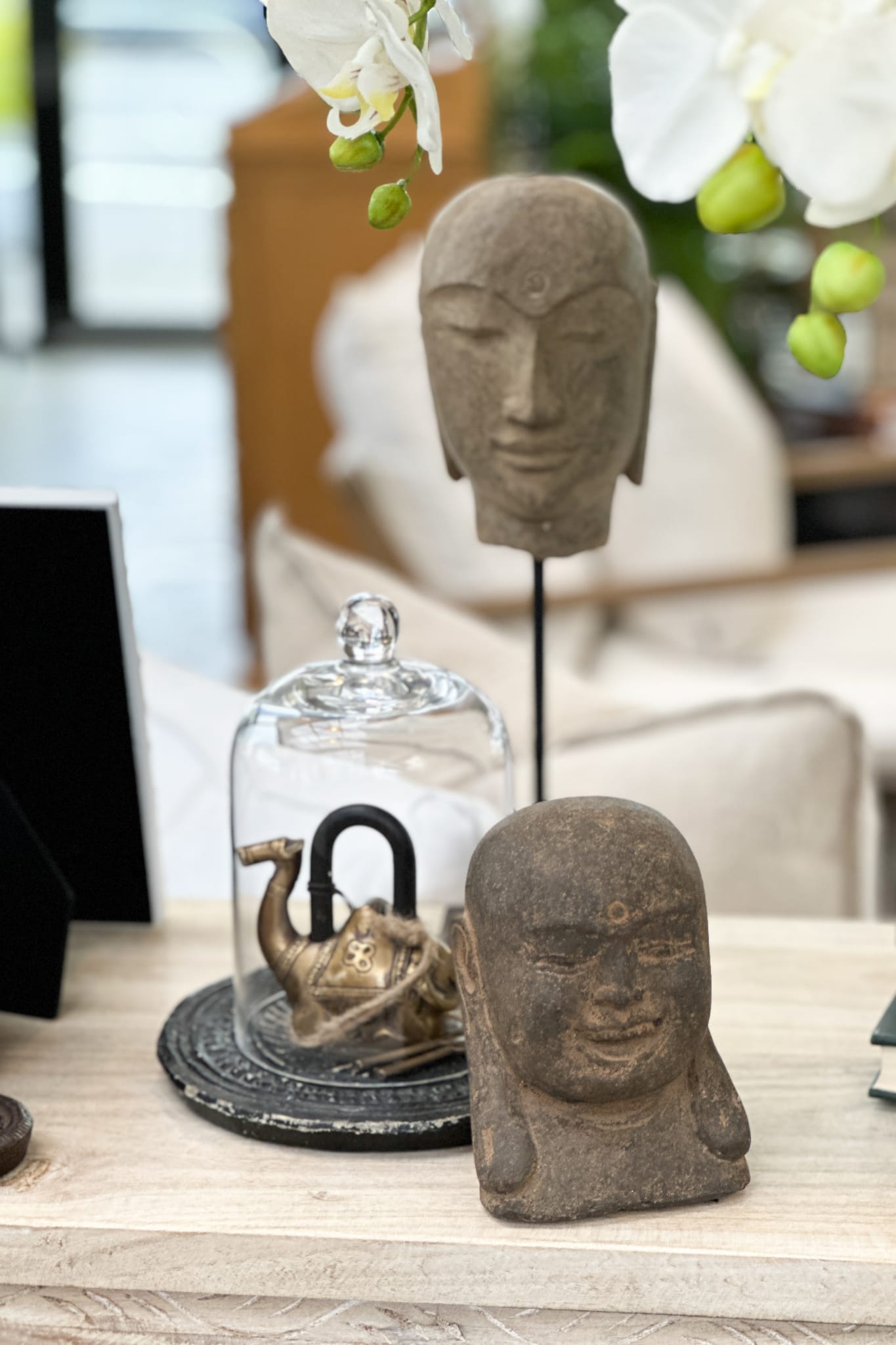 Hand Carved Stone Zen Buddha Head on Stand - Tall - Magpie Style