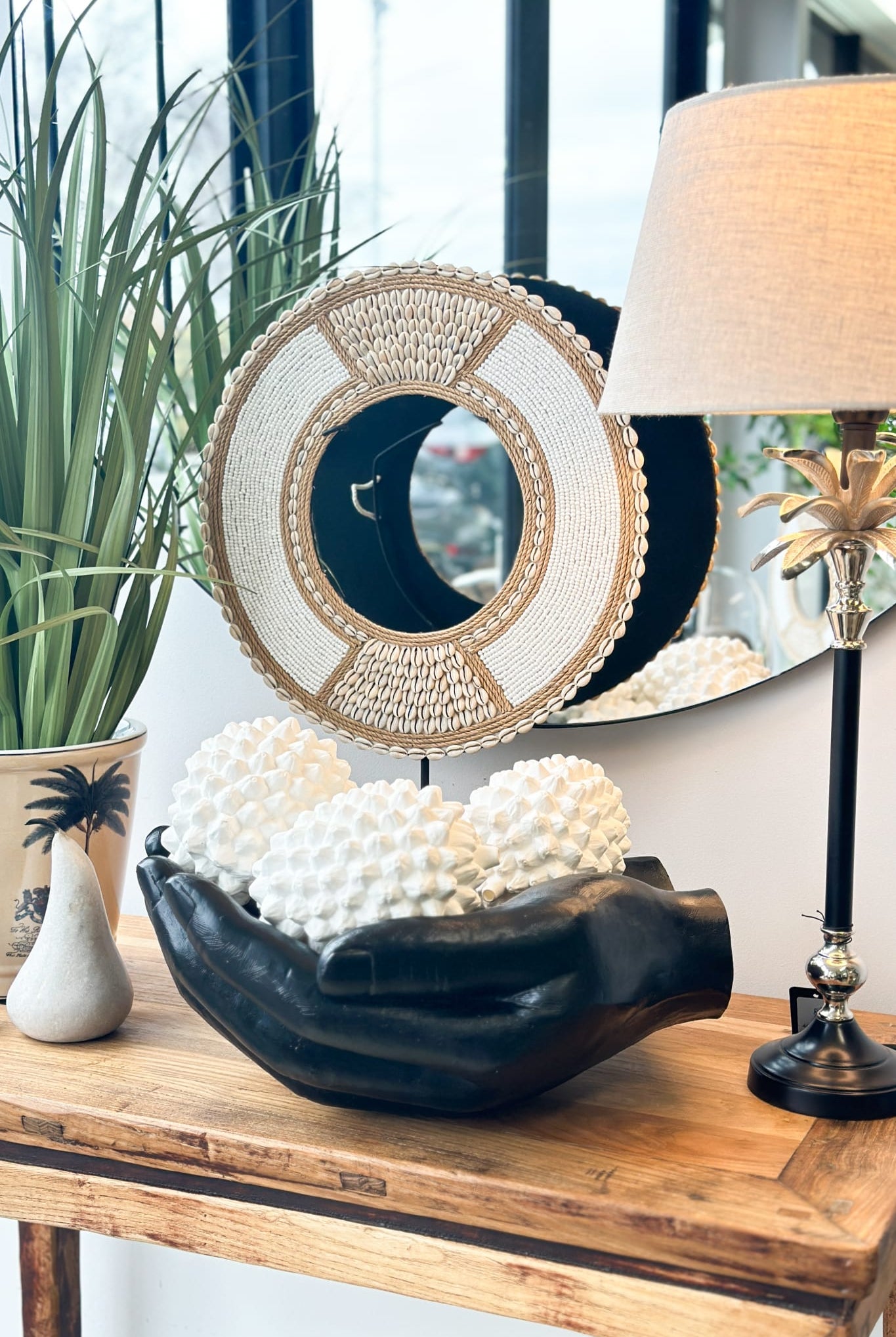 Tribal Beaded Cowrie Shell Disc on Stand - Medium - Magpie Style