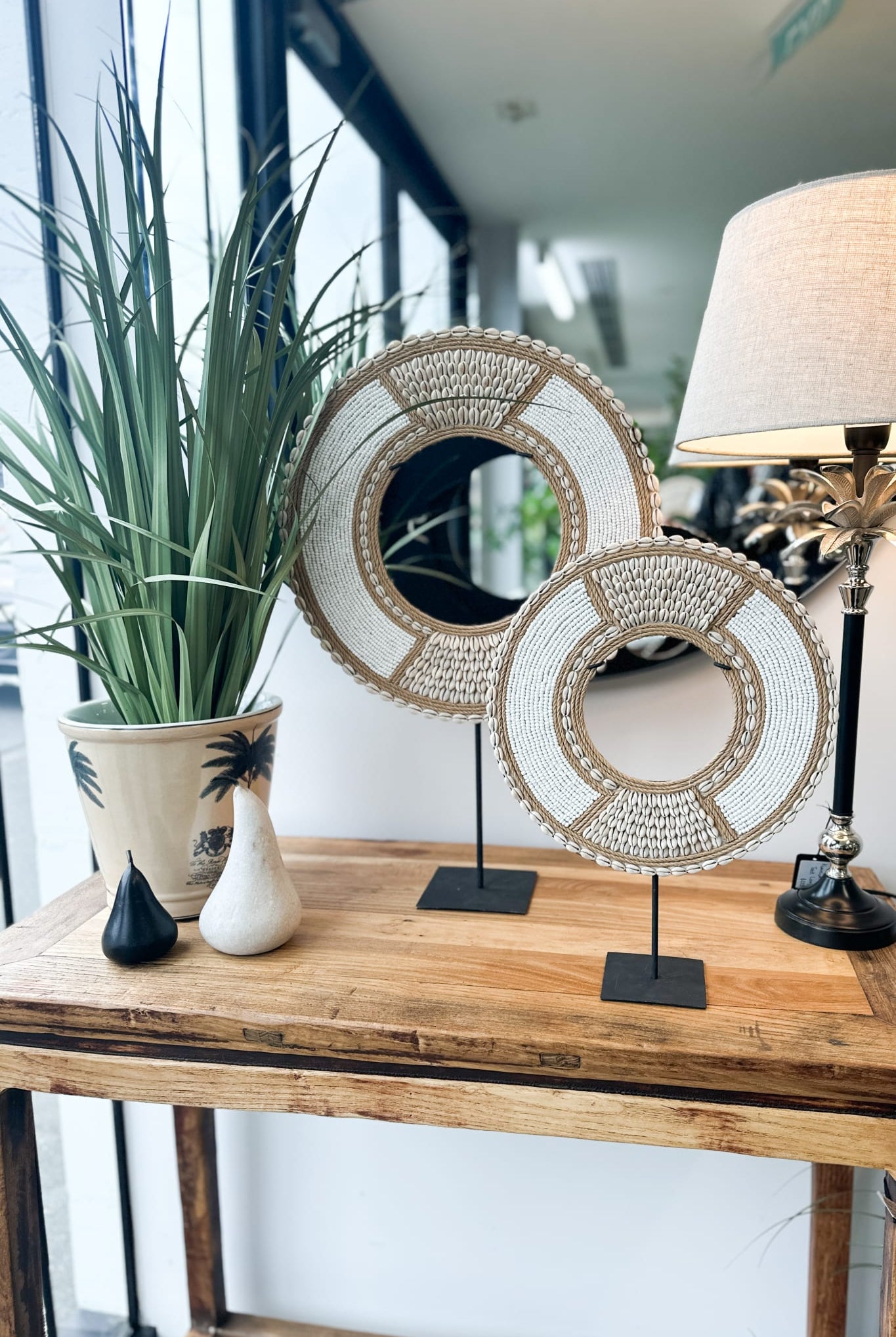 Tribal Beaded Cowrie Shell Disc on Stand - Medium - Magpie Style