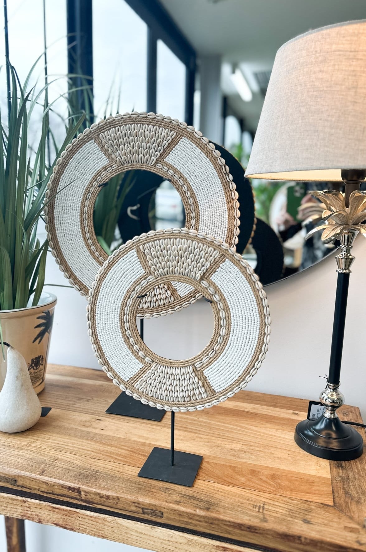 Tribal Beaded Cowrie Shell Disc on Stand - Small - Magpie Style