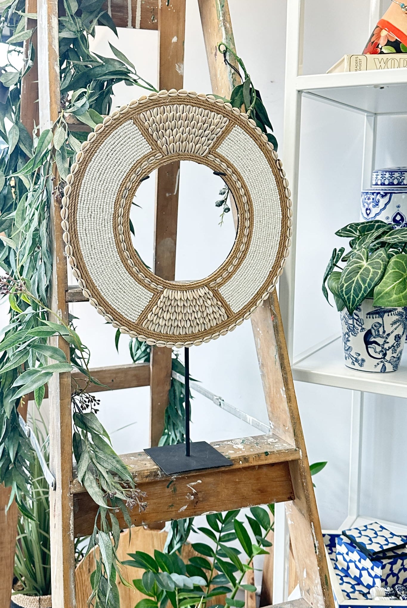 Tribal Beaded Cowrie Shell Disc on Stand - Medium - Magpie Style