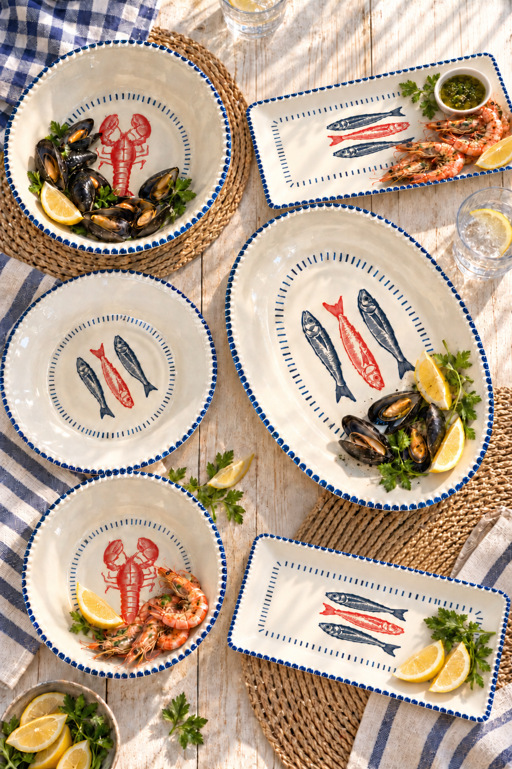 Nautical melamine serveware collection overhead table setting