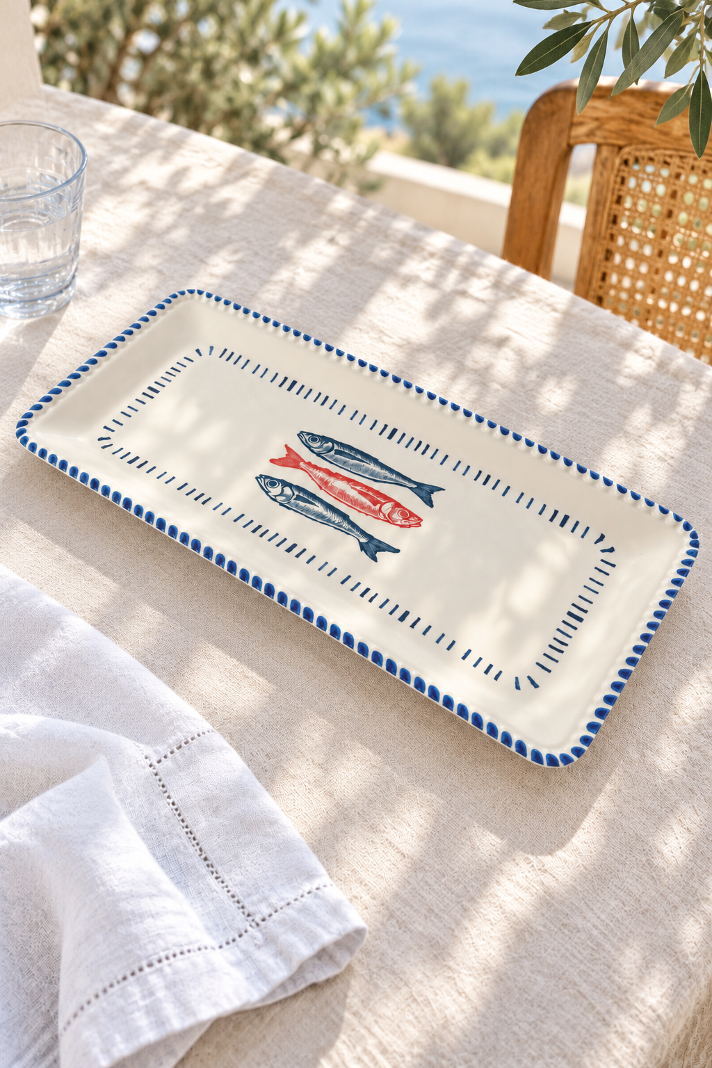 Nautical Sardine rectangular melamine platter 43 by 21 by 2 centimetres on a coastal table