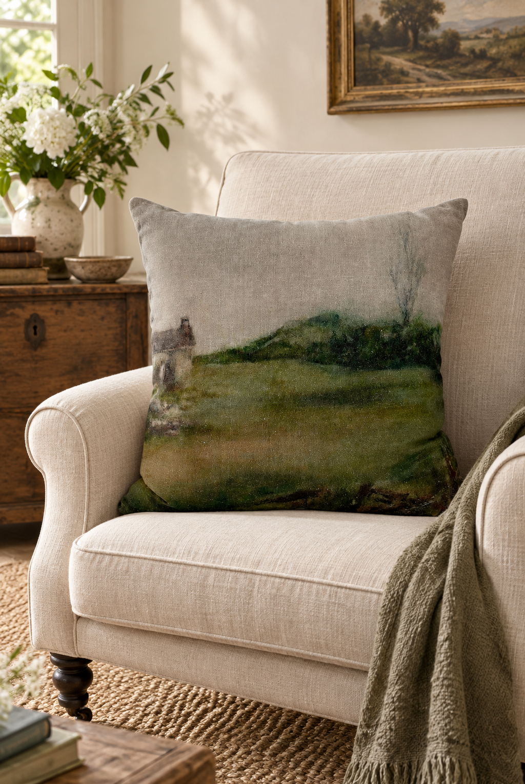 Otago Stone Cottage Linen Cushion styled in country chair