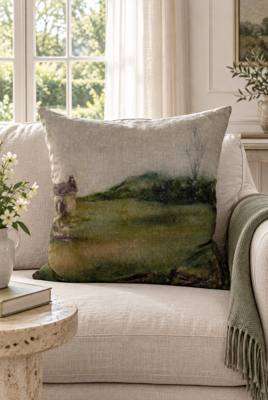 Otago Stone Cottage Linen Cushion styled in window sofa