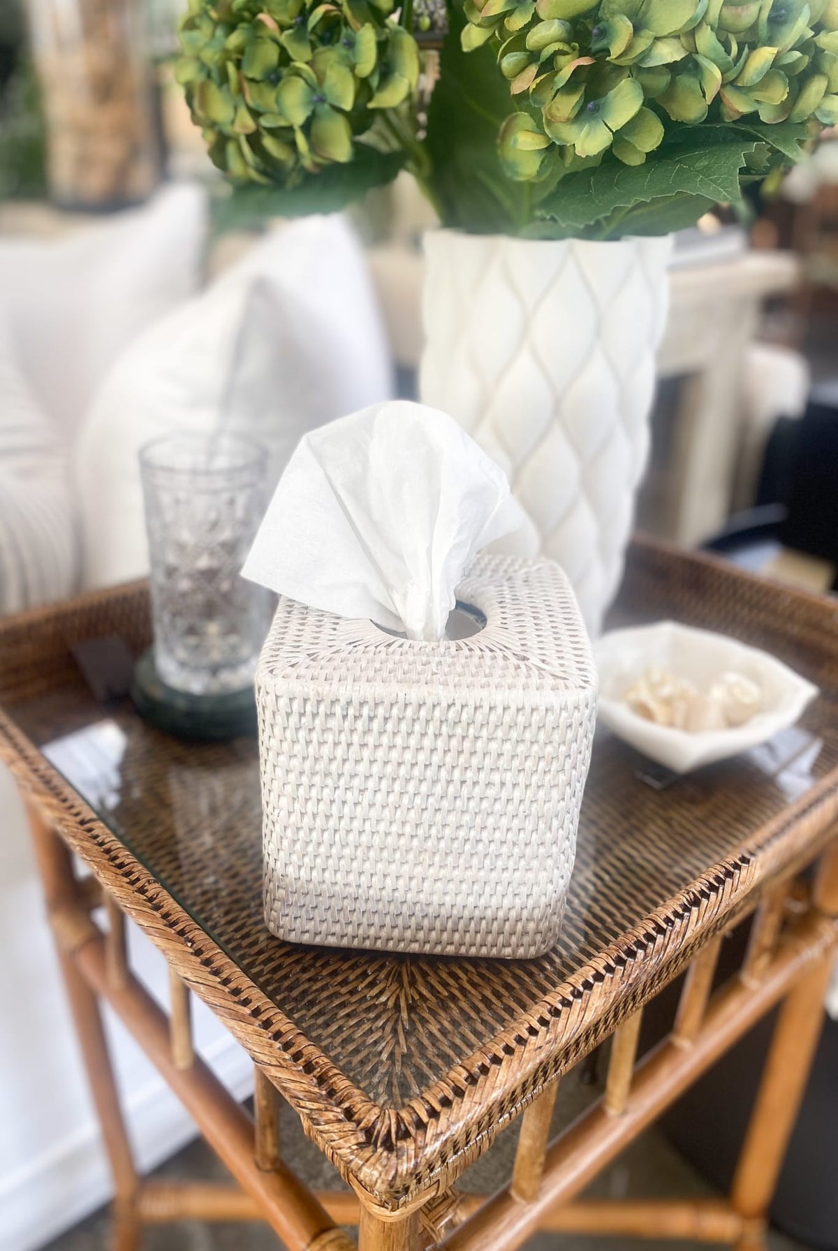 Geneva White Rattan Square Tissue box - Magpie Style