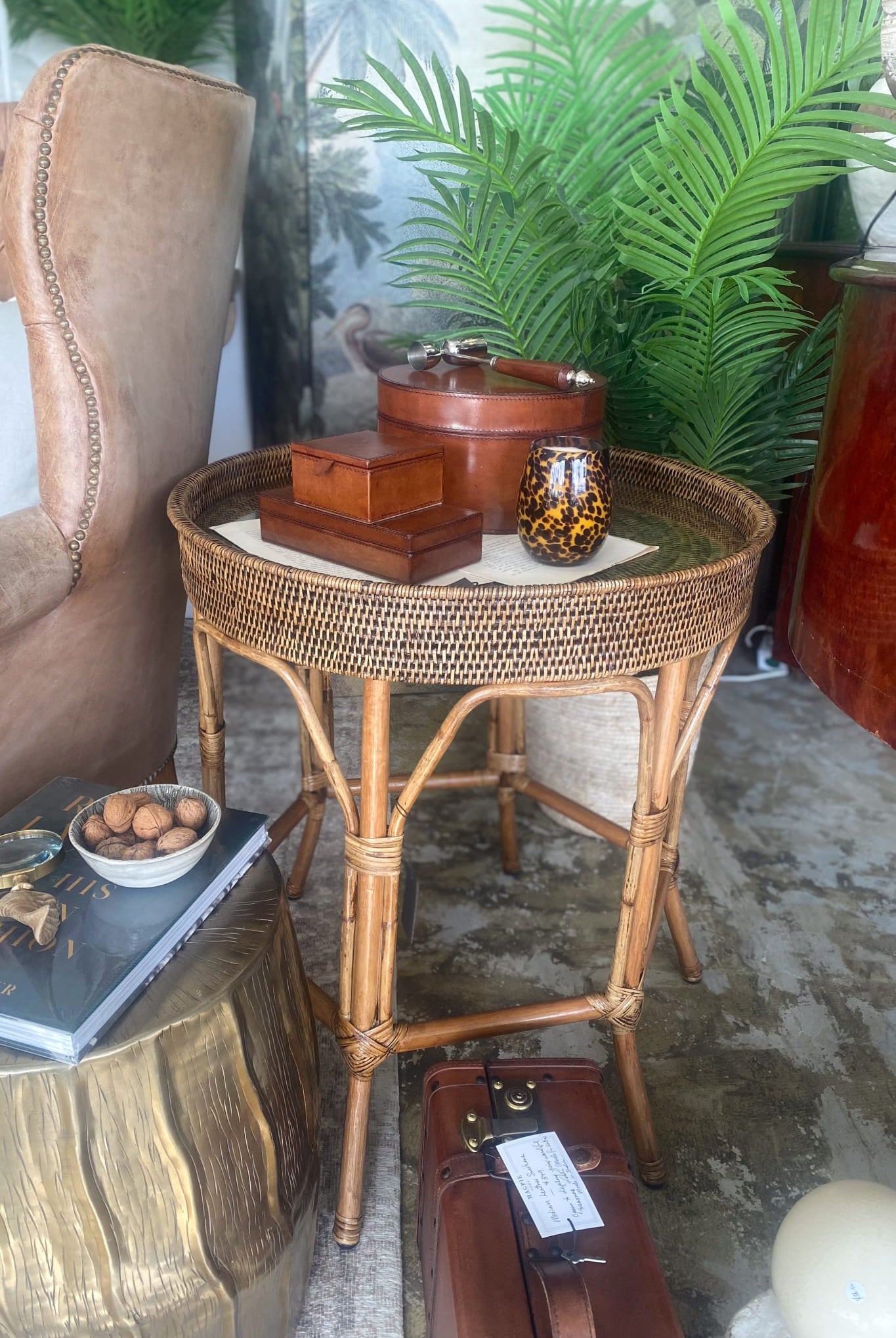 Rattan Colonial Round Side Table with Glass Insert - Magpie Style
