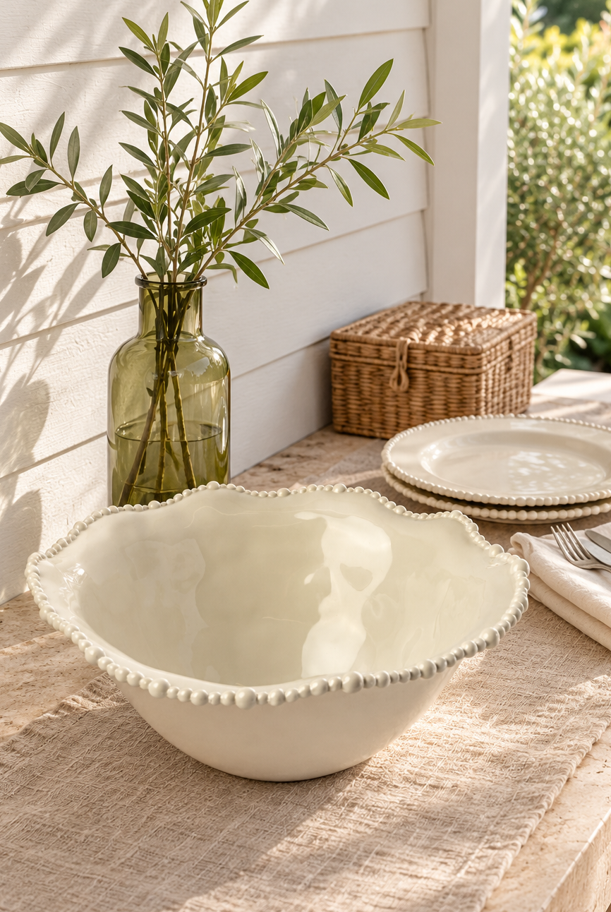 Sand Pearl jumbo bowl styled empty on a verandah with coordinating dinner plates