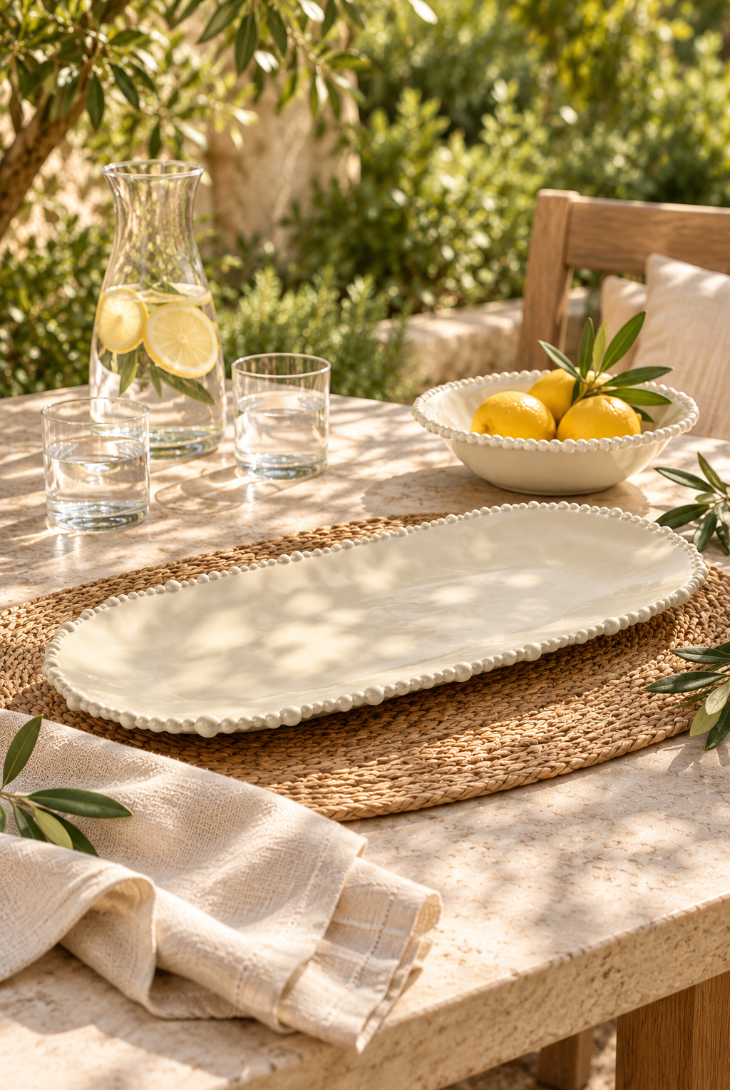 Sand Pearl long melamine platter styled empty in a relaxed Australian garden setting