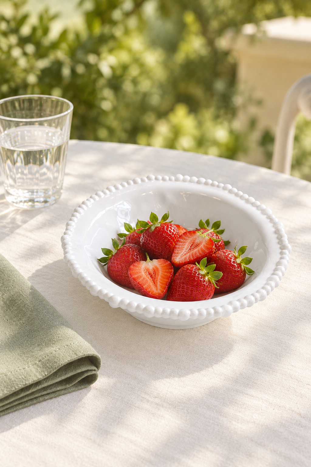 White Pearl Melamine side bowl styled with strawberries outdoors