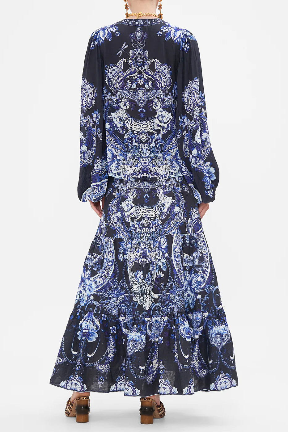 CAMILLA -  V Neck Blouson Sleeve Blouse Delft Dynasty - Magpie Style