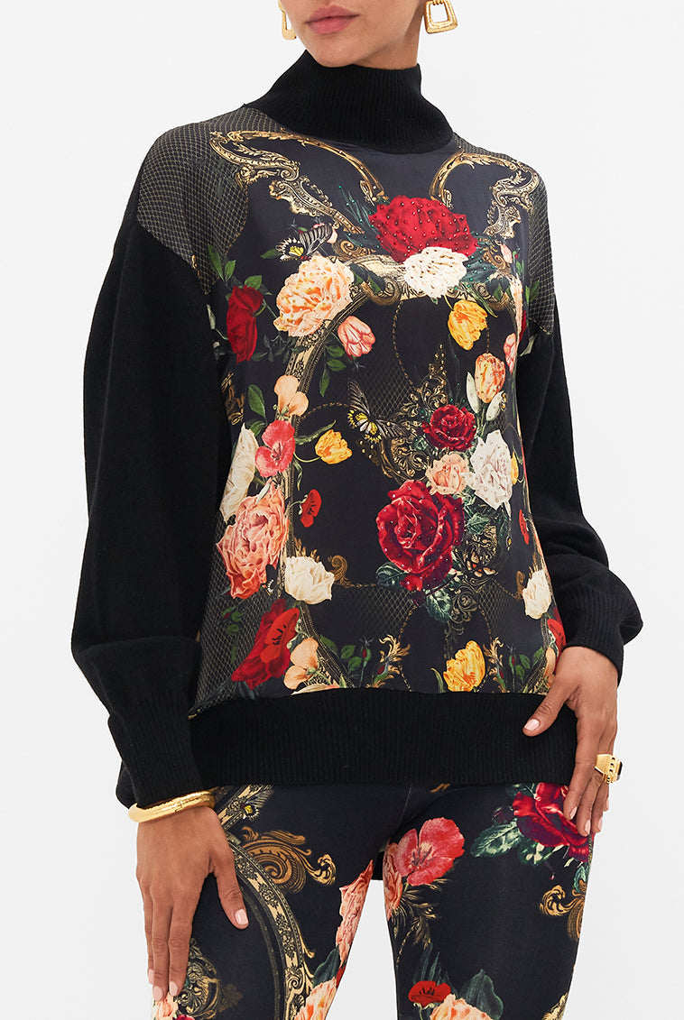 CAMILLA - Silk Front Turtle Neck Knit Magic in the Manuscripts - Magpie Style