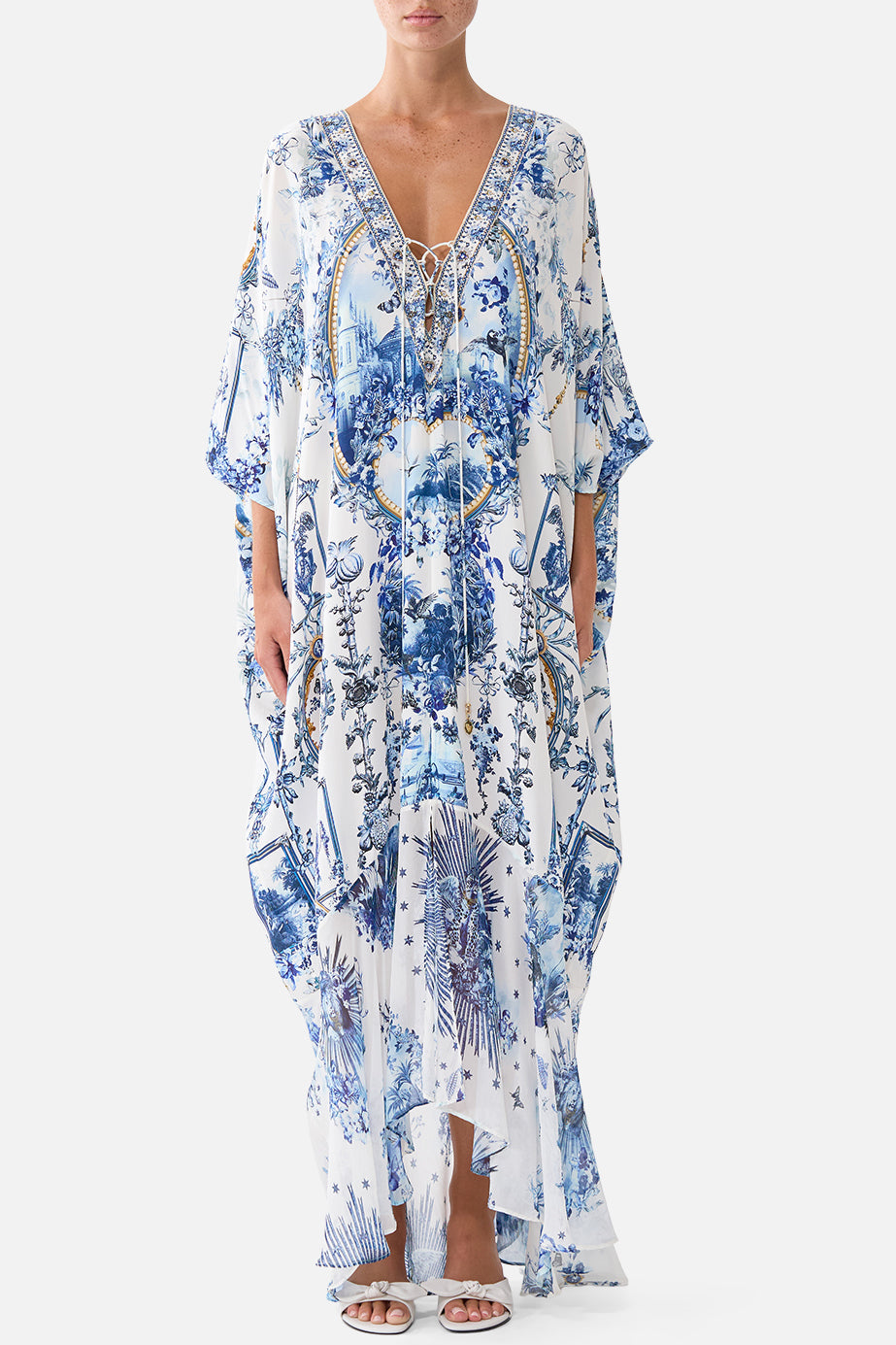 CAMILLA Lace Up Kaftan with Hem Ruffle - The Porcelain Parlour