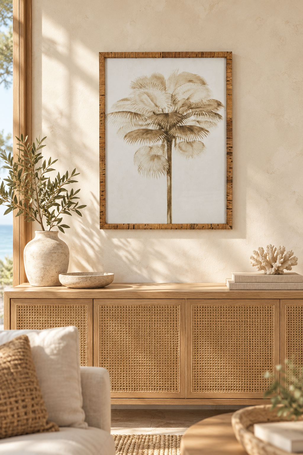 Aged Palm Study styled in a refined coastal interior