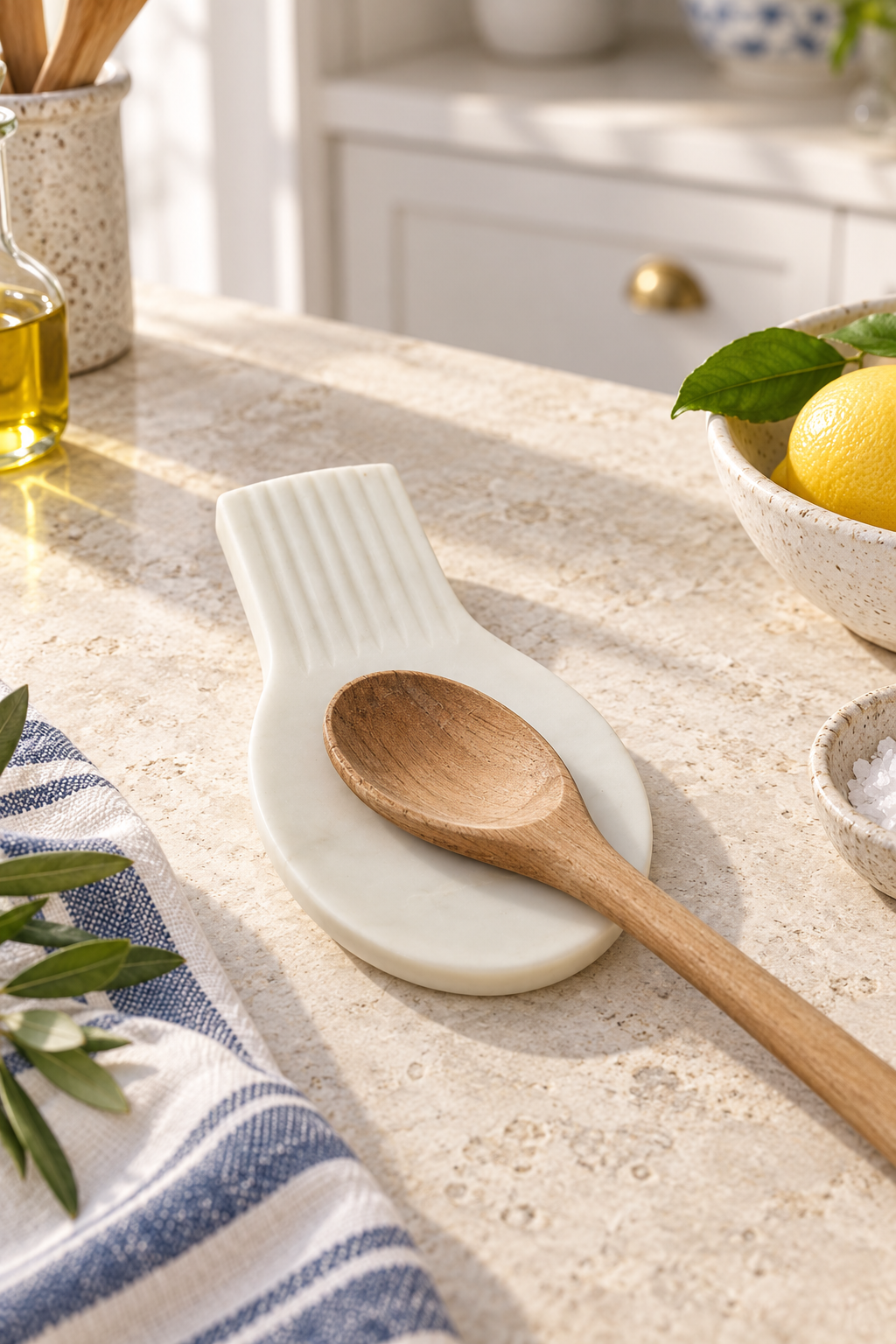 Amara marble spoon rest styled in a coastal kitchen