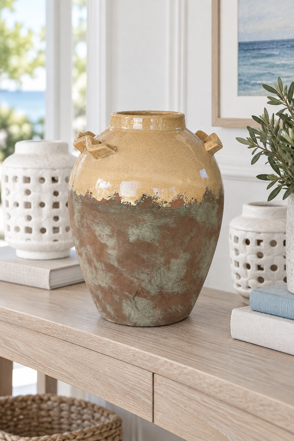 Tall Honey Moss Crackle Glaze Handled Vase