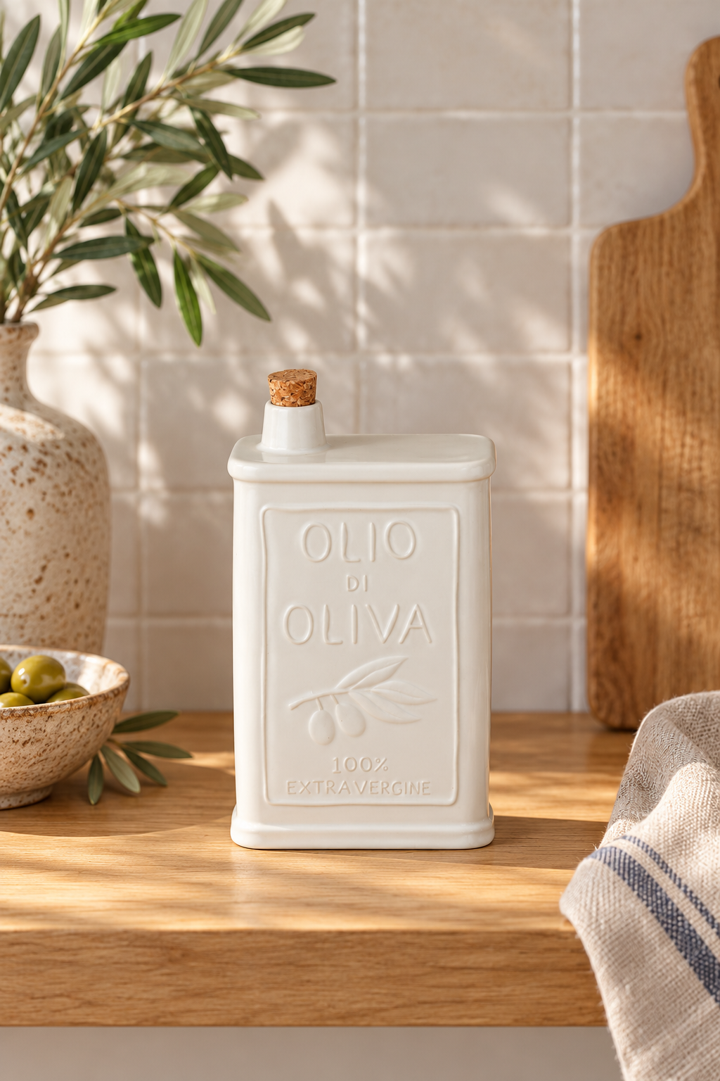 Ceramic Olive Oil Bottle styled in a sunlit coastal home; Coast to Coast KW2294