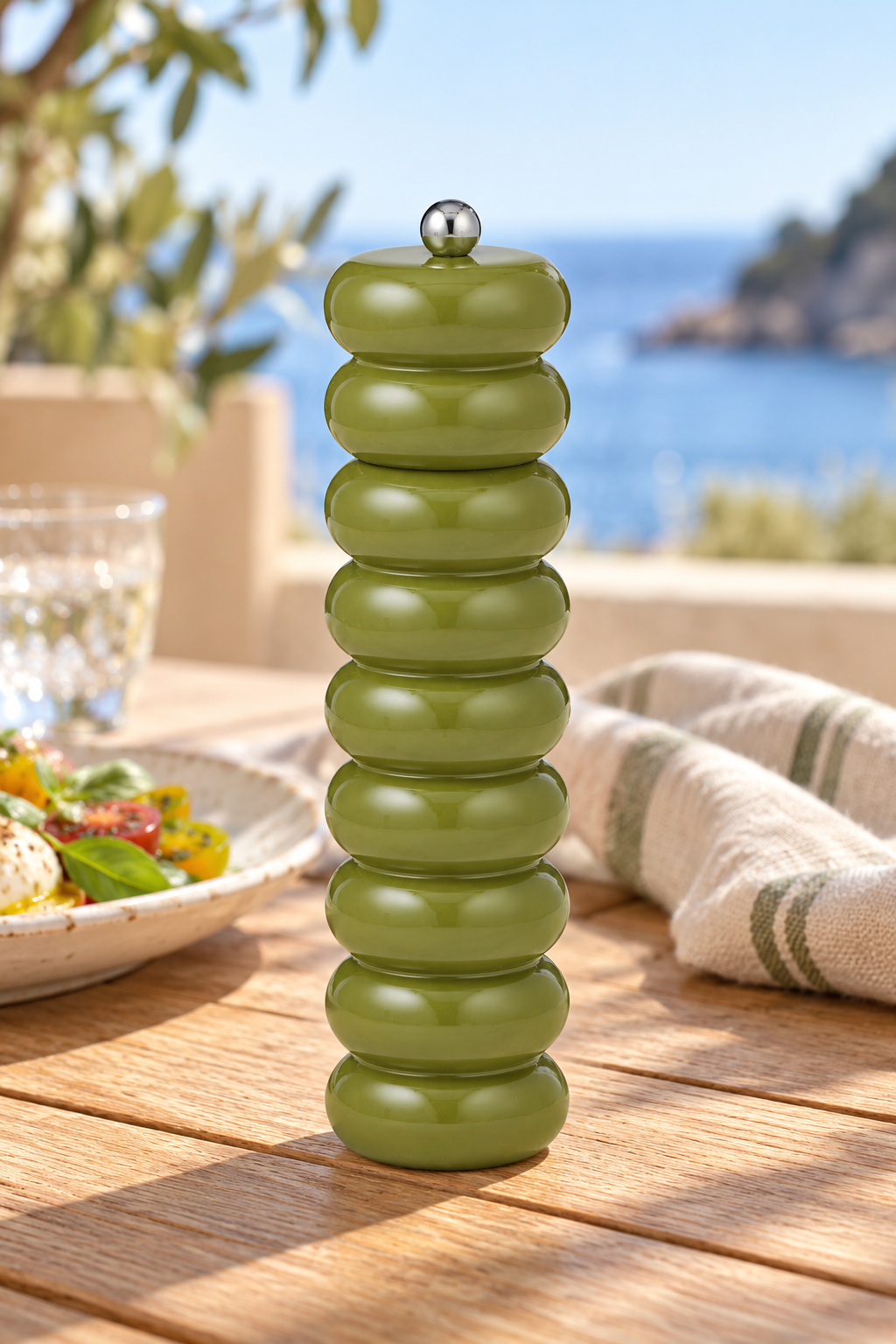 Olive Bubble Salt & Pepper Grinder styled in a sunlit coastal home; Coast to Coast KW2735