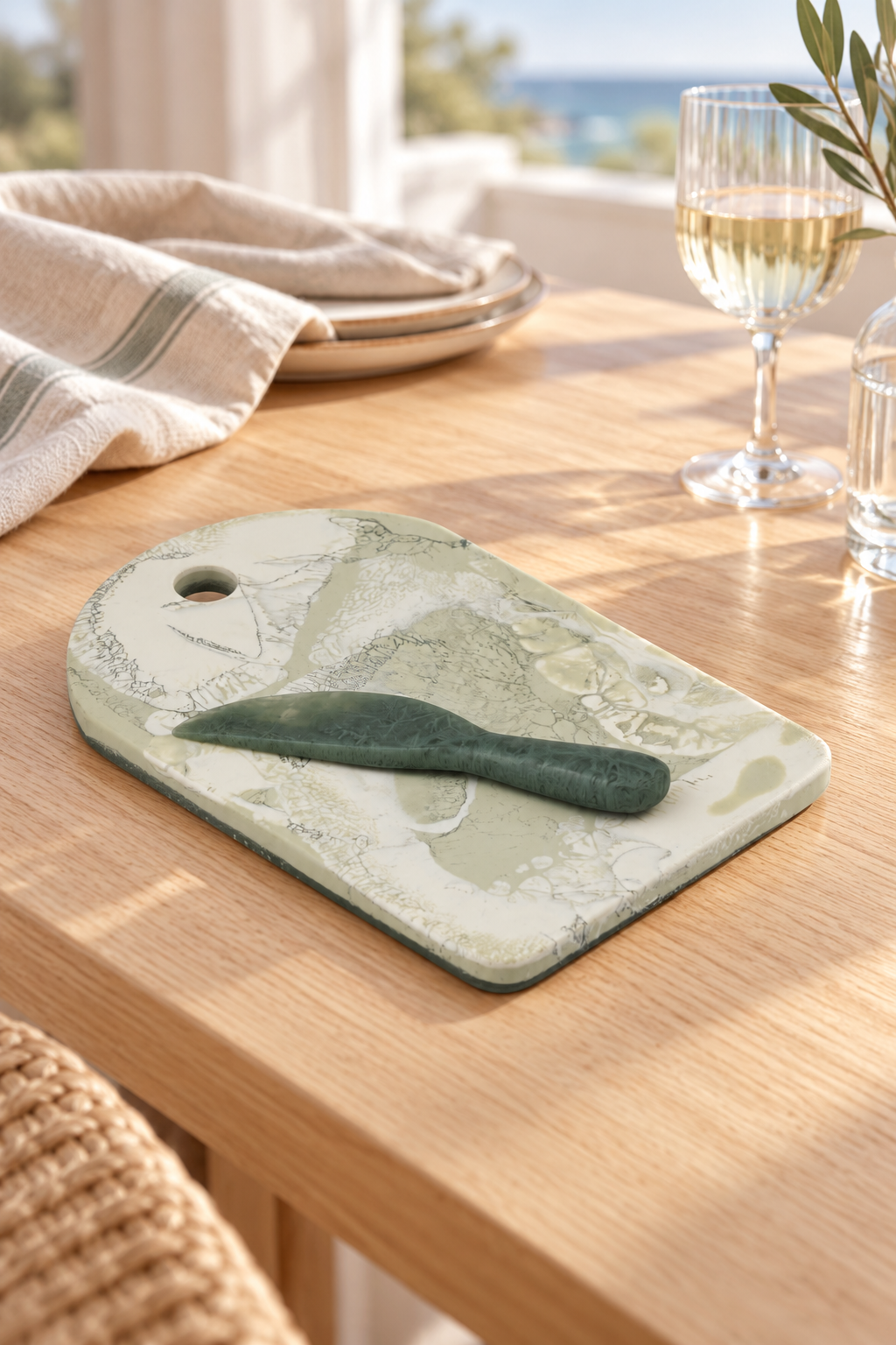 Marbled Resin Cheese Board & Knife Set styled in a sunlit coastal home; Coast to Coast KW2810