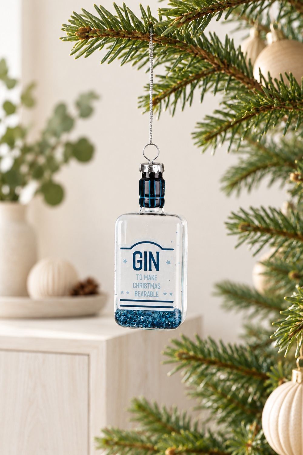 Gin Bottle Glass Tree Ornament - Blue