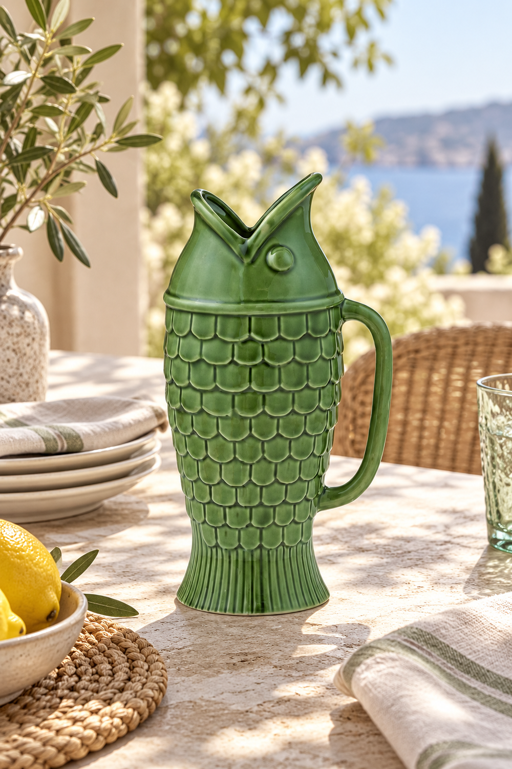Fin Fish Ceramic Jug - Olive